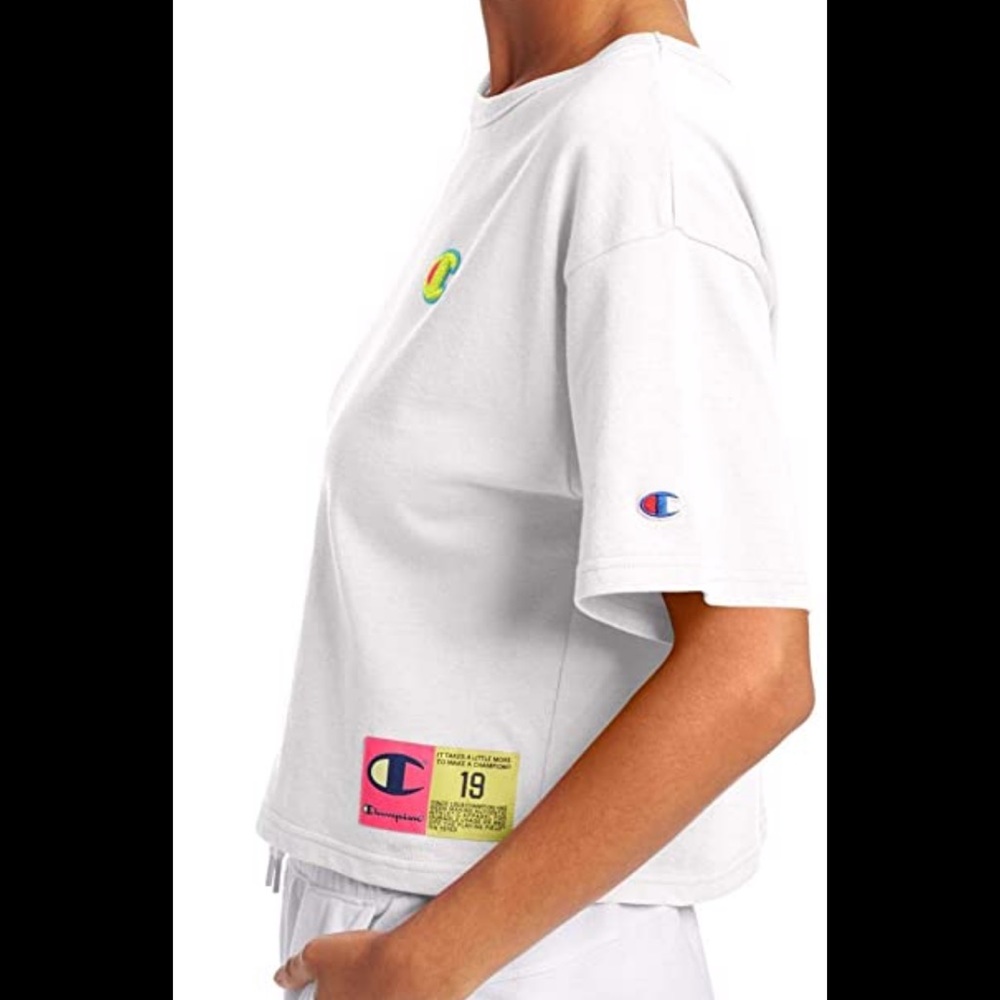 Champion Heritage cropped logo embossed top. Hot pink yellow blue and white.